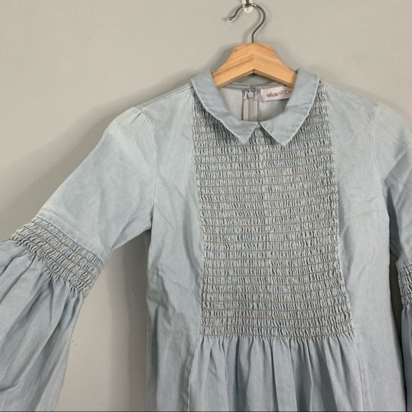 Alice McCall Night Is Young Denim Chambray Romper Shorts Smocked Bell Sleeve 2 S - Picture 3 of 12